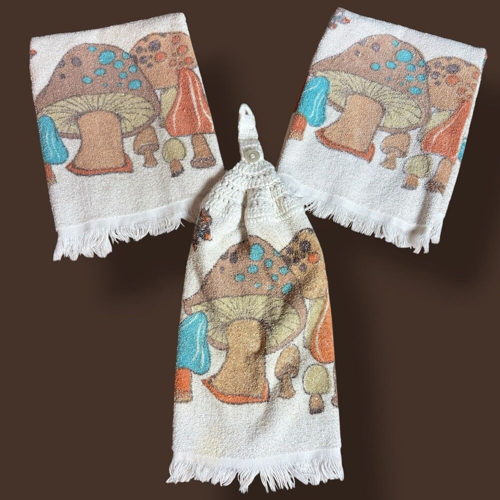 Vintage 1970's Cannon Merry Mushroom & Butterflies Hand Kitchen Towel Lot Of 3